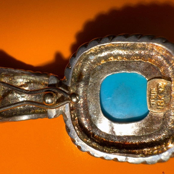 Large Vintage Sterling Silver 18k Gold Turquoise Enhancer Pendant Necklace - Picture 10 of 13